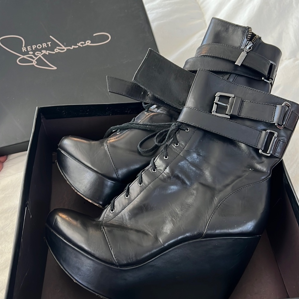 Report signature 5” wedge black vegan leather boots.